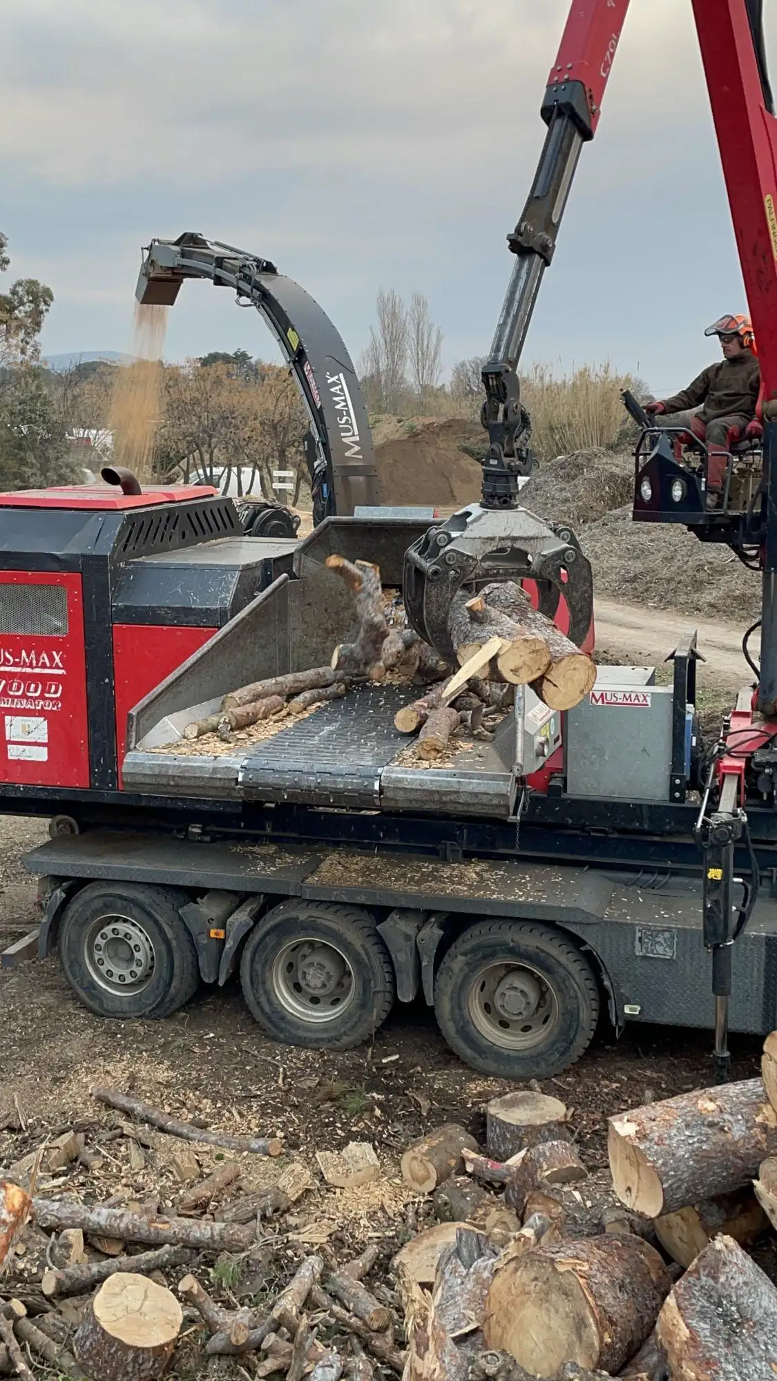 Broyeur MUS-MAX sur camion en train de broyer des branches sur la plateforme