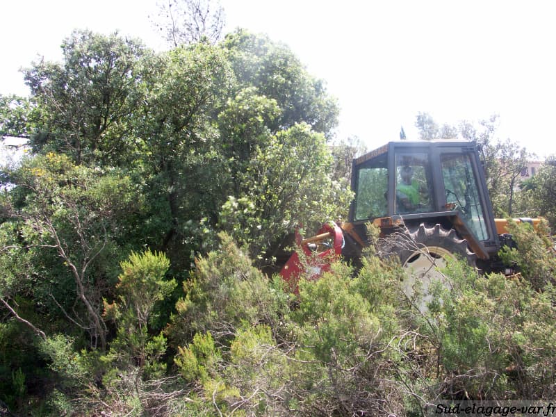 Tracteur 100 CV Sud Élagages avec broyeur à marteaux Seppi en plein débroussaillage